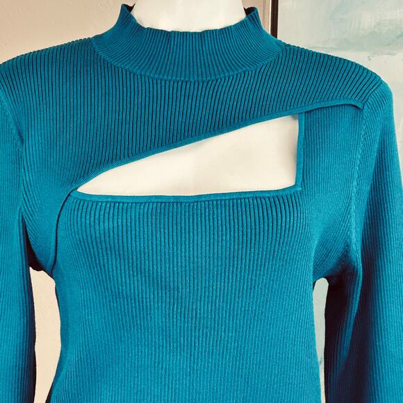 Bar III Sweater Aqua Lake Blue Cutout Ribbed
Mockneck Long Sleeve Plus 2X NWT - Picture 2 of 6